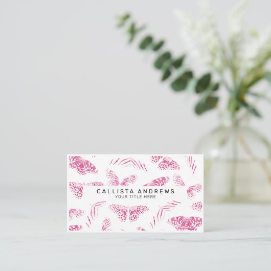 Girly Pink White Butterflies Waterverf Pattern Visitekaartje (Staand voorkant)