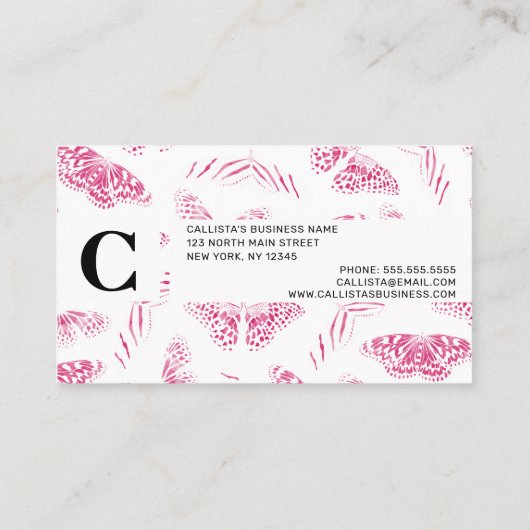 Girly Pink White Butterflies Waterverf Pattern Visitekaartje (Achterkant)