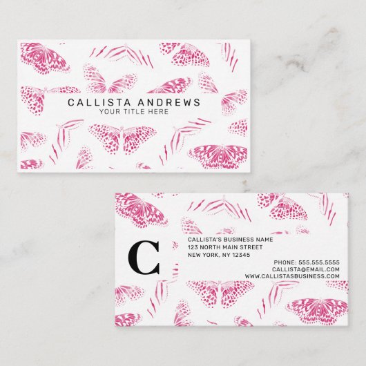 Girly Pink White Butterflies Waterverf Pattern Visitekaartje (Voorkant / Achterkant)