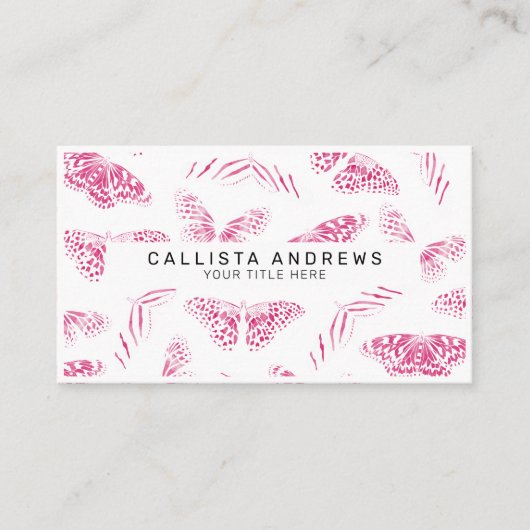 Girly Pink White Butterflies Waterverf Pattern Visitekaartje (Voorkant)