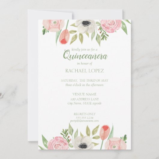 Girly Pink & White Floral Quinceanera Birthday Kaart (Voorkant)