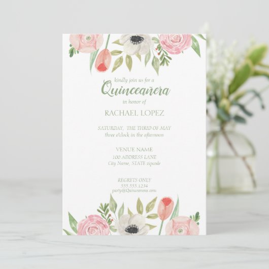 Girly Pink & White Floral Quinceanera Birthday Kaart (Staand voorkant)