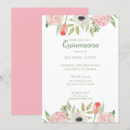 Girly Pink & White Floral Quinceanera Birthday Kaart