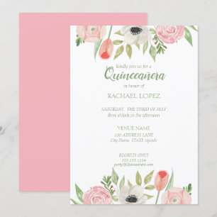 Girly Pink & White Floral Quinceanera Birthday Kaart