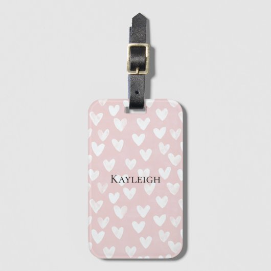 Girly Pink White Hearts Bagagelabel (Voorkant (verticaal))