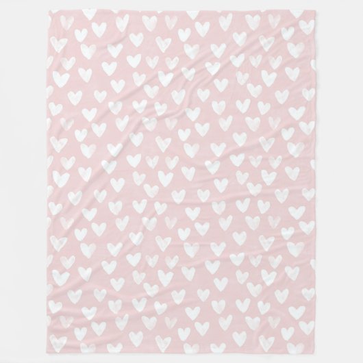 Girly Pink White Hearts Fleece Deken (Voorkant)