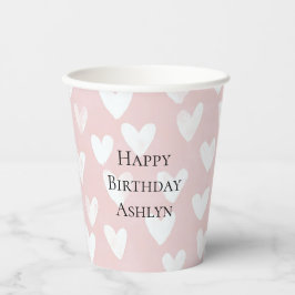 Girly Pink White Hearts Verjaardag Papieren Bekers