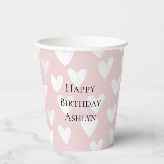 Girly Pink White Hearts Verjaardag Papieren Bekers (Voorkant)