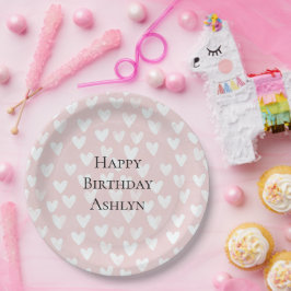 Girly Pink White Hearts Verjaardag Papieren Bordje