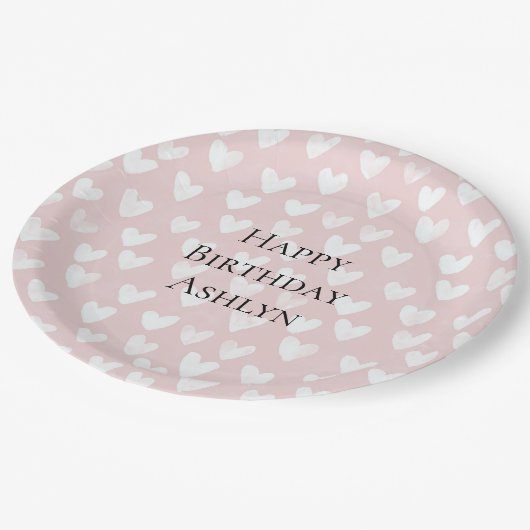 Girly Pink White Hearts Verjaardag Papieren Bordje (Gekanteld)