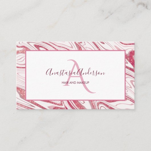 Girly Pink White Marble Glitter Elegant Monogram Visitekaartje (Voorkant)