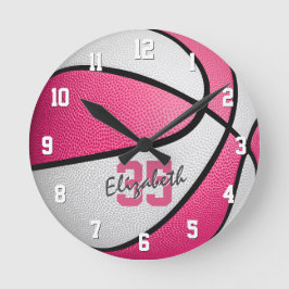girly pink white personalized basketball ronde klok