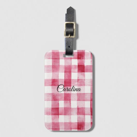 Girly Pink White Plaid Stripes Bagagelabel (Voorkant (verticaal))