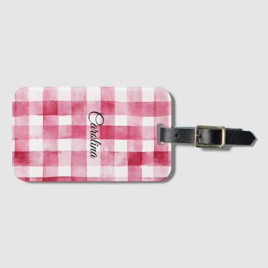 Girly Pink White Plaid Stripes Bagagelabel (Voorkant (horizontaal))