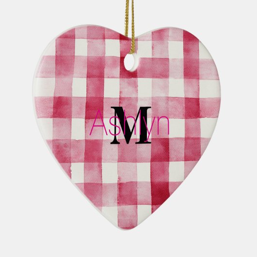 Girly Pink White Plaid Stripes Monogram Christmas Keramisch Ornament (Rechts)