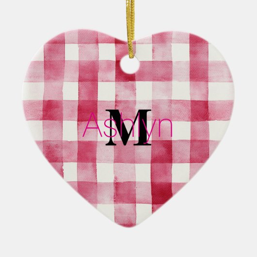 Girly Pink White Plaid Stripes Monogram Christmas Keramisch Ornament (Voorkant)