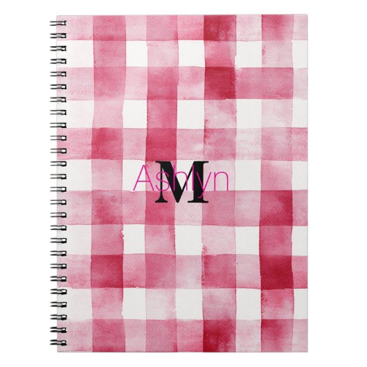 Girly Pink White Plaid Stripes Monogram Notitieboek (Voorkant)