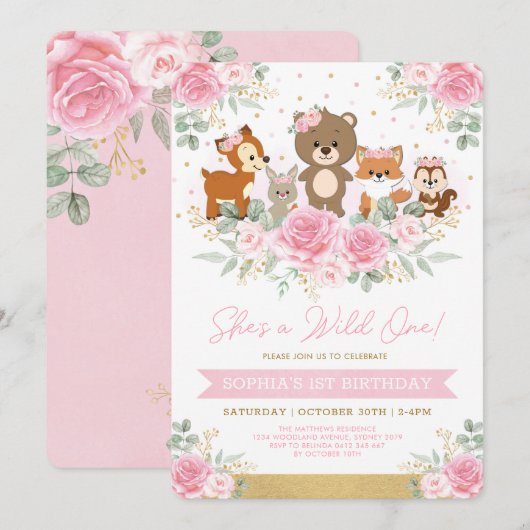 Girly Pink Woodland Floral Wild One Birthday Kaart (Voorkant / Achterkant)