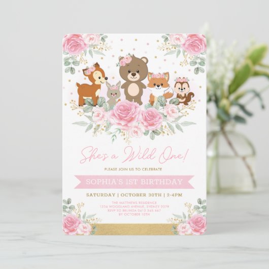 Girly Pink Woodland Floral Wild One Birthday Kaart (Staand voorkant)