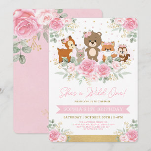 Girly Pink Woodland Floral Wild One Birthday Kaart