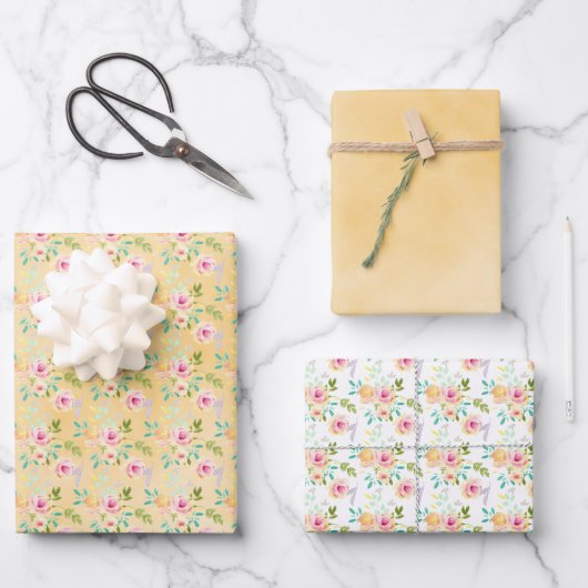 Girly Pink Yellow Floral Inpakpapier Vel (Voorkant)