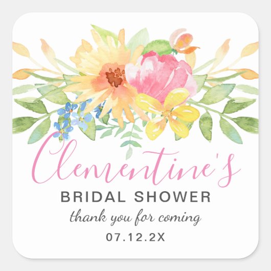 Girly Pink Yellow Floral Vrijgezellenfeest dank u Vierkante Sticker (Voorkant)