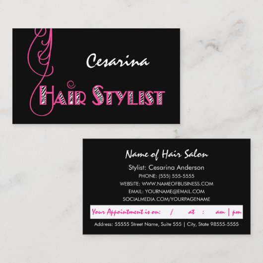 Girly Pink Zebra Hair Stylist Afspraakherinnering Afsprakenkaartje (Voorkant / Achterkant)