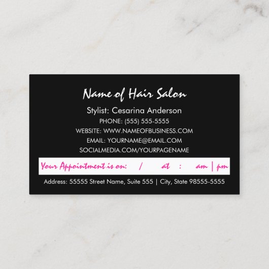 Girly Pink Zebra Hair Stylist Afspraakherinnering Afsprakenkaartje (Achterkant)