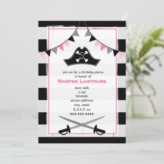 Girly Pirate Verjaardagsfeestuitnodiging Kaart (Staand voorkant)