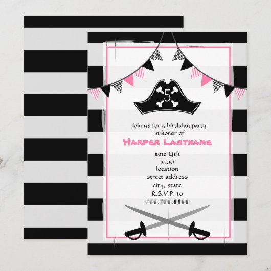 Girly Pirate Verjaardagsfeestuitnodiging Kaart (Voorkant / Achterkant)