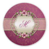 Girly Plum Floral en Damask Monogram Keramische Knop (Voorkant)