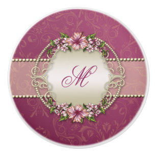 Girly Plum Floral en Damask Monogram Keramische Knop