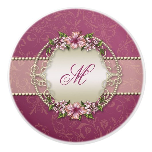 Girly Plum Floral en Damask Monogram Keramische Knop (Voorkant)