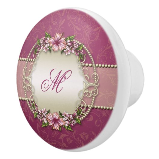 Girly Plum Floral en Damask Monogram Keramische Knop (Rechts)