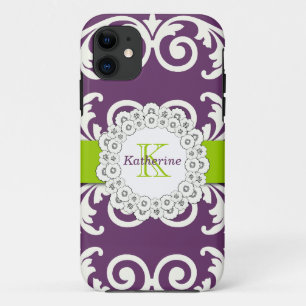 Girly Plum Paarse Green Swirls Floral Pattern iPhone 11 Hoesje