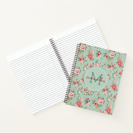 Girly Polka Dot Floral Pattern Monogram Notitieboek (Binnen)