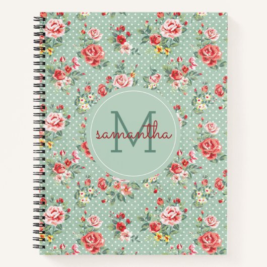 Girly Polka Dot  Floral Pattern Monogram Notitieboek (Voorkant)