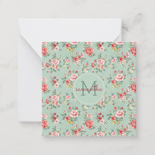 Girly Polka Dot  Floral Pattern Monogram Notitiekaartje (Voorkant)