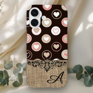 Girly Polka Dots and Burlap Pattern met Monogram iPhone 16 Hoesje