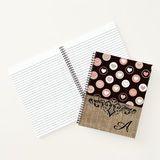 Girly Polka Dots and Burlap Pattern met Monogram Notitieboek (Binnen)