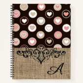 Girly Polka Dots and Burlap Pattern met Monogram Notitieboek (Voorkant)