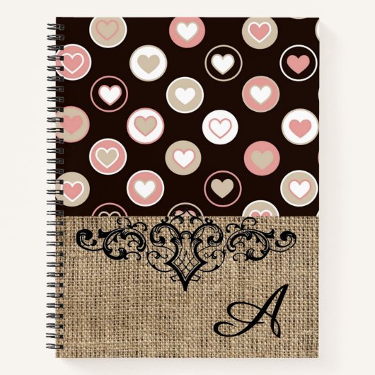 Girly Polka Dots and Burlap Pattern met Monogram Notitieboek (Voorkant)
