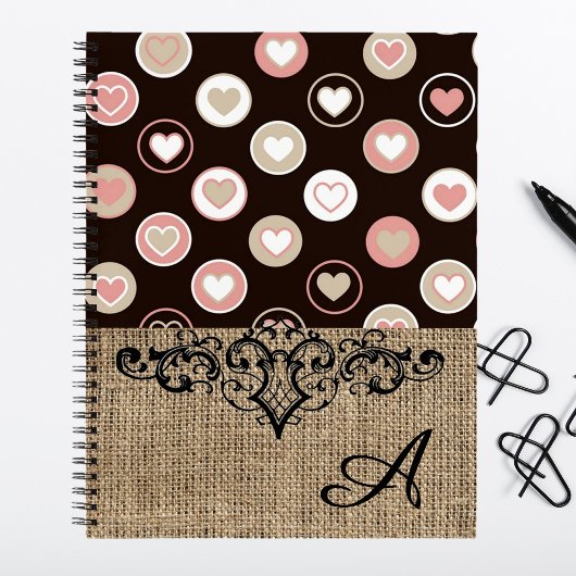 Girly Polka Dots and Burlap Pattern met Monogram Notitieboek