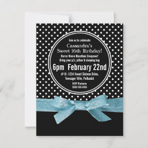 Girly Polka Dots Sweet 16 Blue Ribbon Kaart
