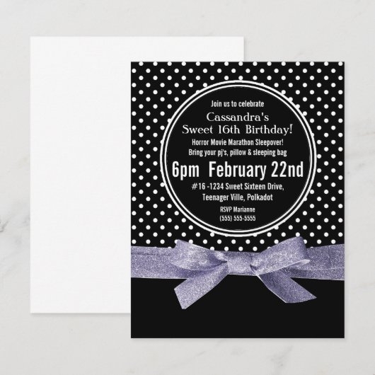 Girly Polka Dots Sweet 16 Paarse lint Kaart (Voorkant / Achterkant)