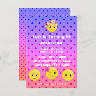Girly Polkadot Emoji Birthday Invitation Kaart