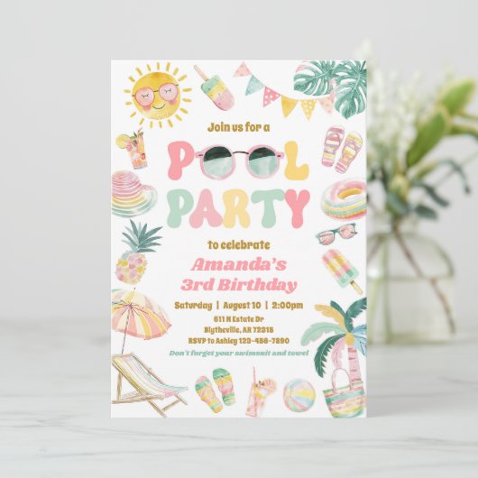 Girly Pool Party Verjaardag uitnodiging (Staand voorkant)