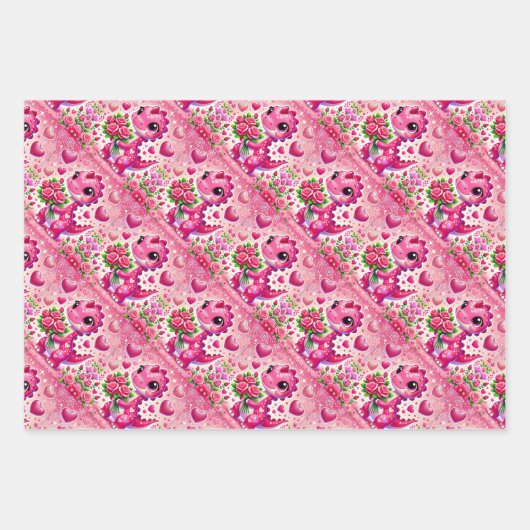 Girly Pop Dinosaurus Valentijnsdag Inpakpapier Vel (Voorkant 2)