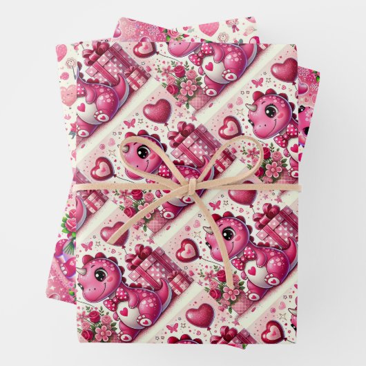Girly Pop Dinosaurus Valentijnsdag Inpakpapier Vel (In situ)