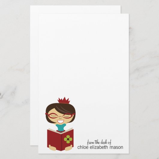 Girly Princess Bookworm Stationery Briefpapier (Voorkant / Achterkant)